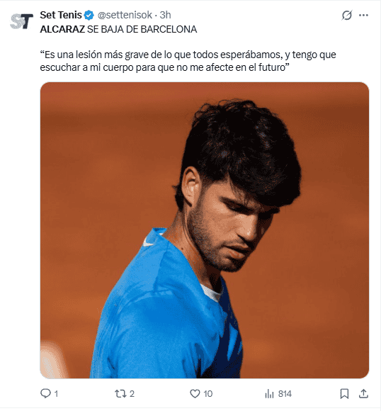 &nbsp;Carlos Alcaraz sale del Barcelona Open. X / @settenisok