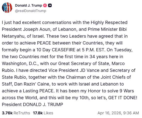 &nbsp;Mensaje de Donald Trump en Truth Social. ESPECIAL