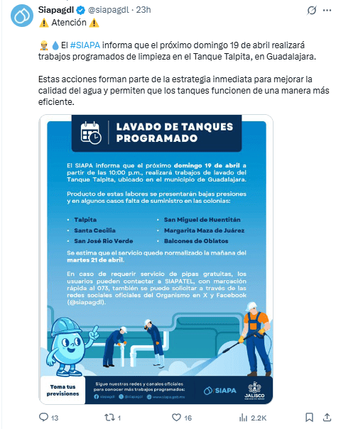 Anuncio de los trabajos de limpieza del Siapa. X / @siapagdl&nbsp;