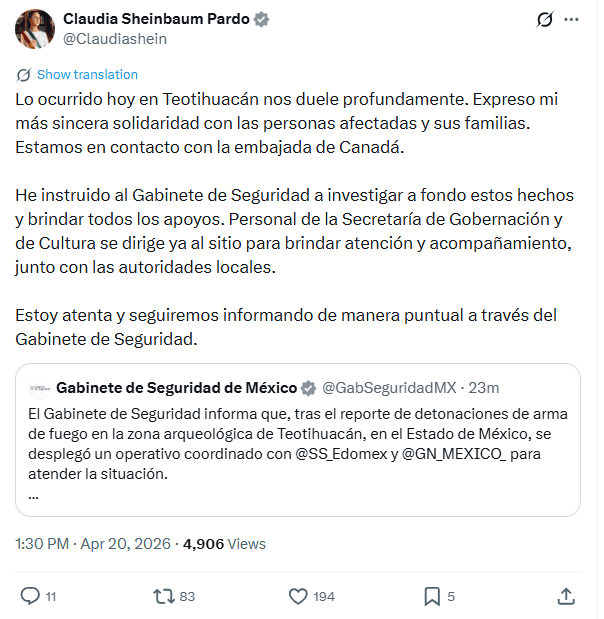 &nbsp;Mensaje de la Presidenta tras las detonaciones reportadas en Teotihuacán. X / @Claudiashein