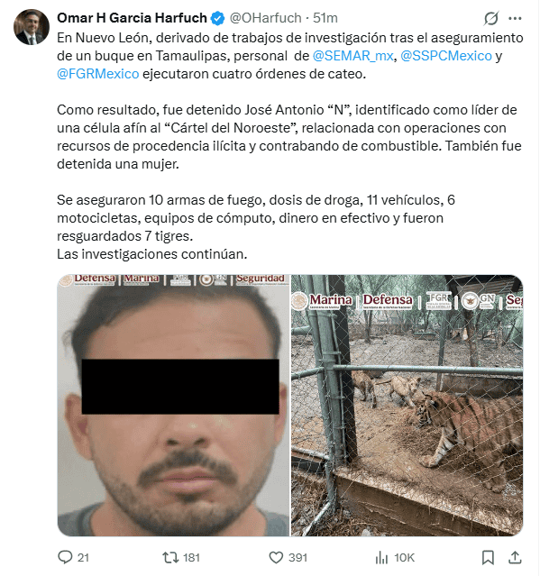 &nbsp;García Harfuch reporta la detención de líder de gurpo criminal dedicado al huachicol. X / @OHarfuch
