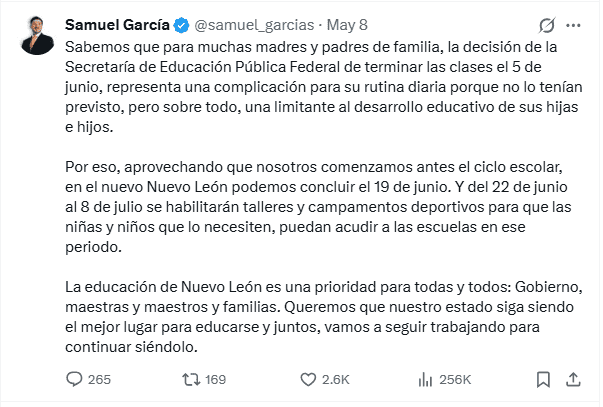 &nbsp;Samuel García se pronuncia contra decisión de la SEP. X / @samuel_garcias