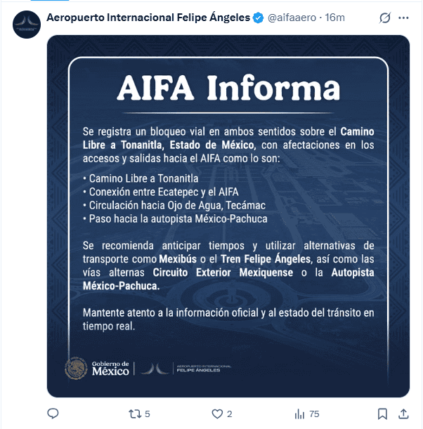 El AIFA reporta otro día de bloqueos que entorpecen la llegada o salida de usuarios. X / @aifaaero&nbsp;