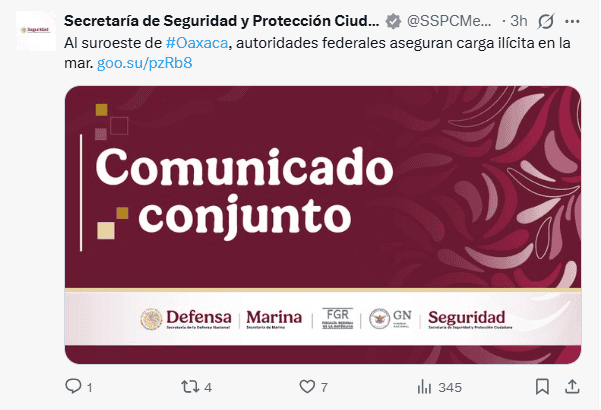 SSPC anuncia el aseguramiento de una sustancia parecida a la cocaína en costas de Oaxaca. X / @SSPCMexico&nbsp;
