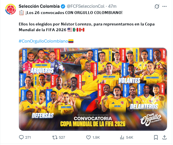 &nbsp;X / @FCFSeleccionCol