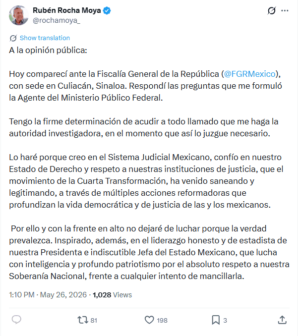 &nbsp;Las primeras declaraciones de Rocha Moya tras comparecer ante la FGR este martes. X / @rochamoya_ 