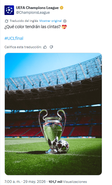 El compromiso definitivo por el título continental está programado para este sábado 30 de mayo. X / @ChampionsLeague&nbsp;