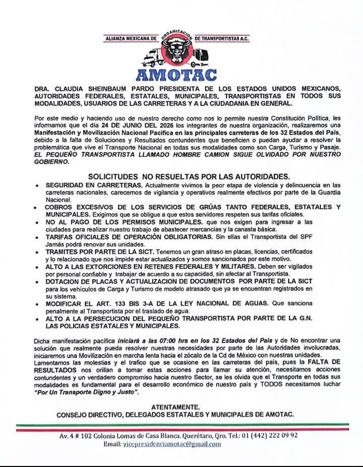 &nbsp;Comunicado del gremio de transportistas. FB / AMOTAC