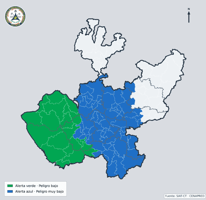 Con corte a las 09:00 horas de este viernes 16 de octubre, 22 municipios se encuentran en alerta verde y 71 en alerta azul. ESPECIAL&nbsp;